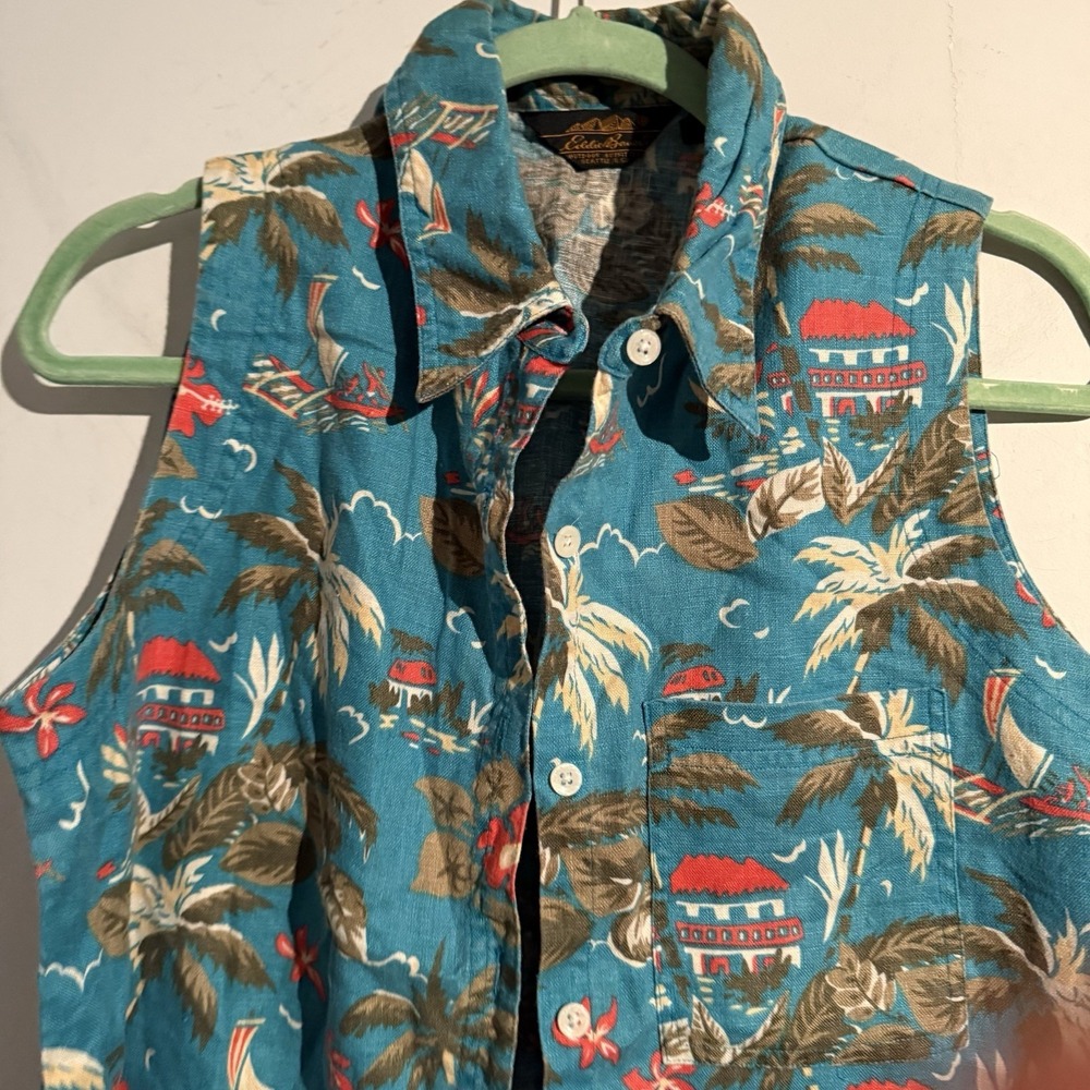 Vtg Eddie Bauer XL Linen Button Down Tank Hawaiian Alpha Resort Tropical - Picture 2 of 5